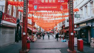 Street decorated with red banners and lanterns for lunar new year