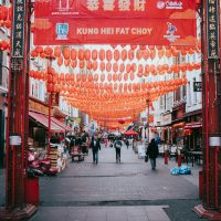 Street decorated with red banners and lanterns for lunar new year